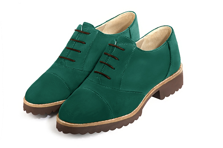 Emerald green women's casual lace-up shoes. Round toe. Flat rubber soles. Front view - Florence KOOIJMAN